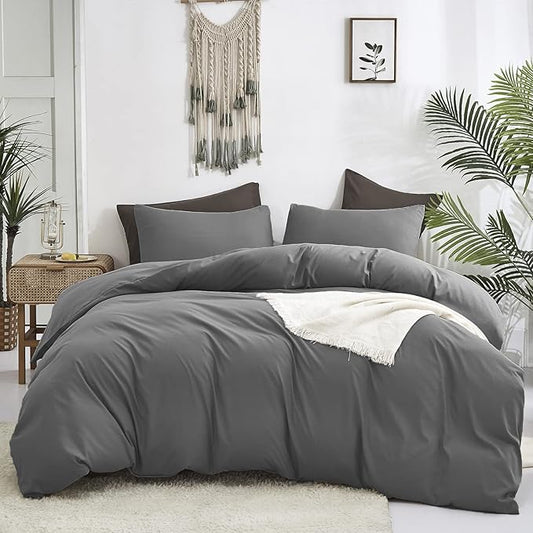 Luxlovery Grey Comforter Set Queen Men Dark Grey Comforter Bedding Sets 3PCS Solid Breathable Soft Charcoal Gray Quilts Set Modern Queen Comforter Women Men