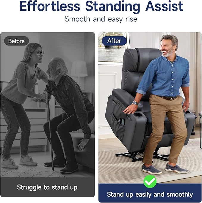 Power Lift Recliner Chair for Elderly with Massage & Heat, 160° Adjustable PU Leather Electric Recliner with Remote, Cup Holders, Side Pockets, and Stand Assist for Living Room, Bedroom (Gray)