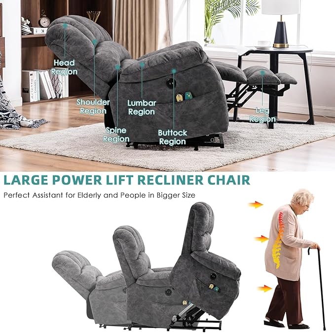 MEETWARM Large Power Lift Electric Recliner Chair with Extended Footrest for Elderly, Big and Tall Lift Chair for Seniors Reclining Chair with Vibration Massage and Heated, USB Ports(Plush-Grey)