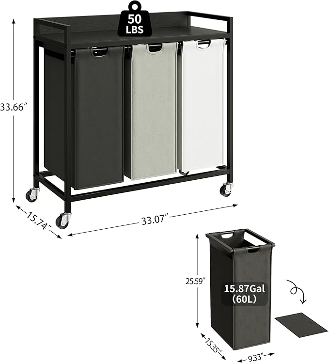 Laundry Hampers with Shelf, Laundry Basket 3 Section, Laundry Sorter with Pull-Out Removable Large 3 Color Bags and Movable Wheels, Metal Frame, 3 x 15.87 Gallons (60L), Black PF04XLK