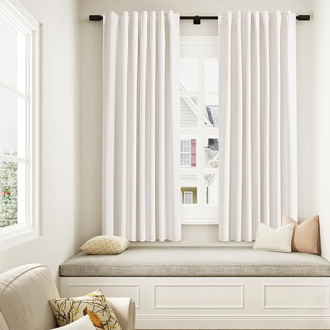 Guken Ivory Linen Blackout Curtains 63 Inch Length 2 Panels Set for Living Room Bedroom Back Tab Thermal Insulated 100% Black Out Linen Drapes Room Darkening Window Curtains 63 Inches Long