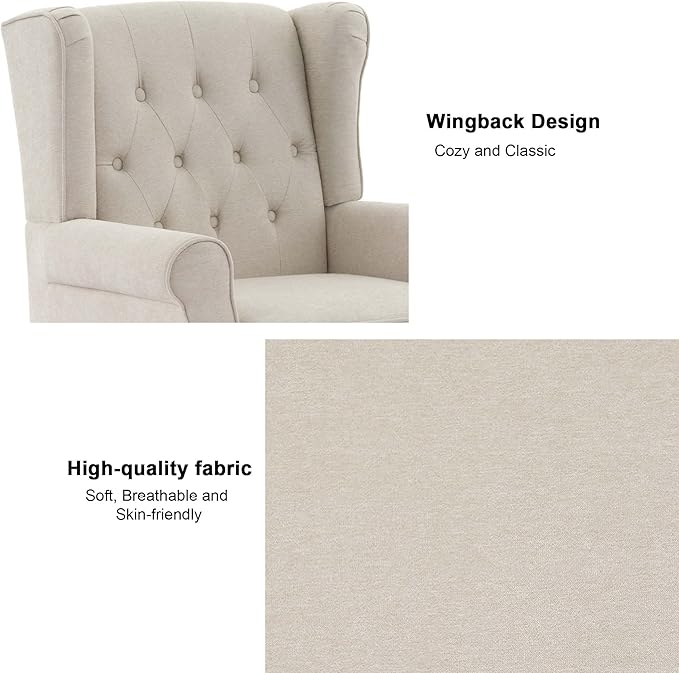 Accent Chair, Upholstered Armchair with Button Tufted High Back & Solid Wood Legs, Comfy Wingback Reading Single Sofa Chair for Small Spaces, Living Room, Bedroom