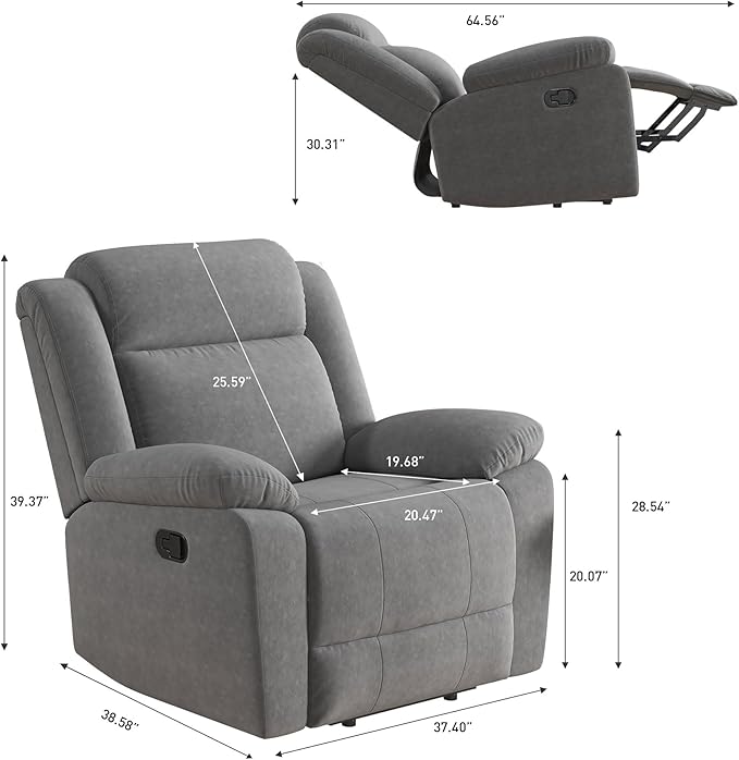Bonzy Home Rocker Recliner Chair for Adults, Overstuffed Manual Rocking Recliner, Fabric Upholstered Single Sofa for Living Room, Grey
