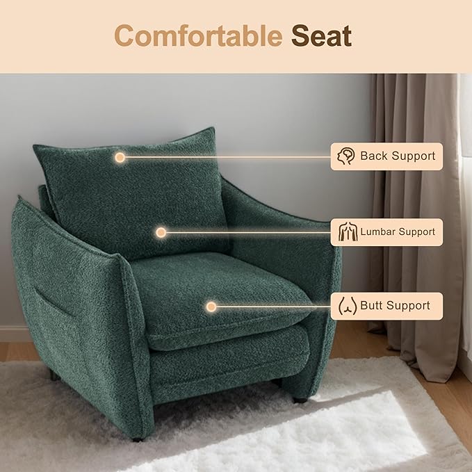 Oversized Accent Chair, Modern Single Sofa Cloud Chairs with Removable Pillow, Deep Seat Comfy Armchair for Living Room Bedroom Reading Nook - Upholstered Lounge Chair (Green)