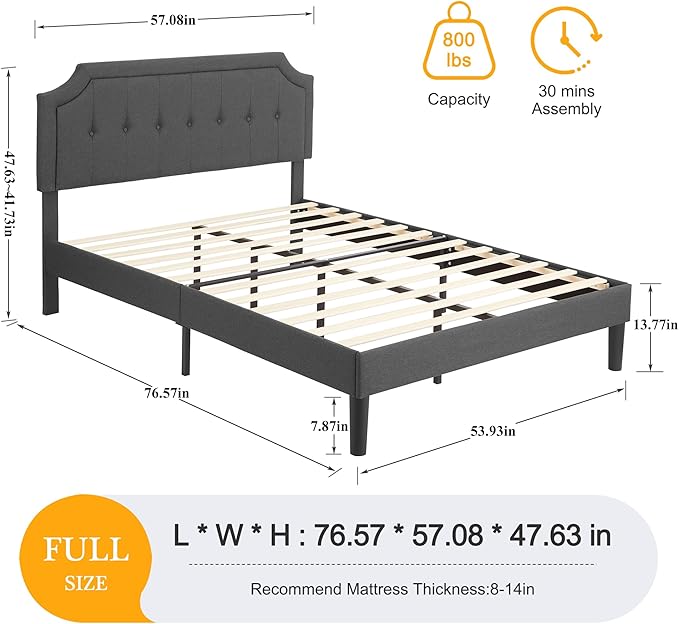 VECELO Full Size Platform Bed Frame with Fabric Upholstered Headboard and Wooden Slats Support, No Box Spring Needed/Easy Assembly,Grey