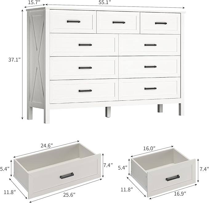 Farmhouse 9 Drawers Dresser for Bedroom, 37 Inch Tall Wood Rustic Wide Chest with Natural Texture, Large Dressers for Bedroom, Hallway, Entryway, White