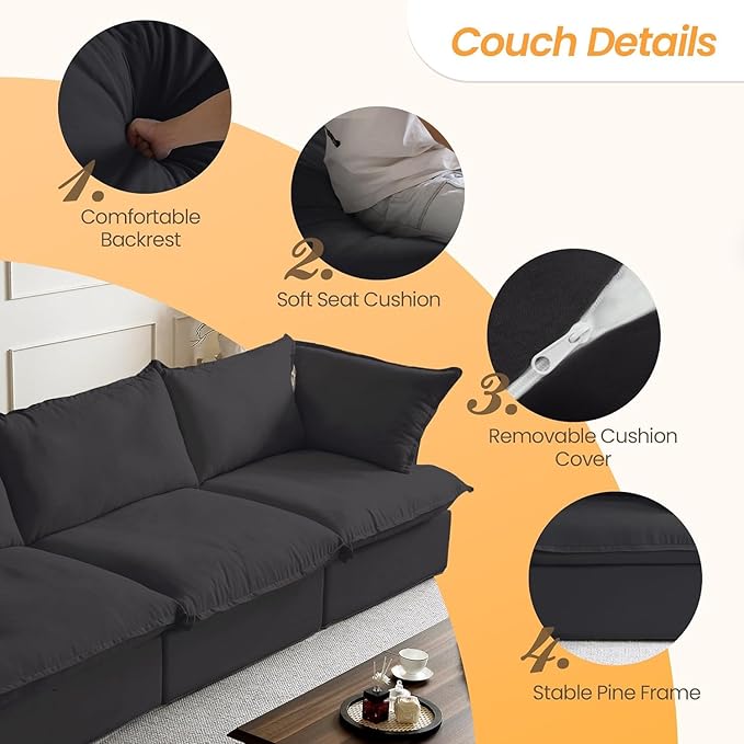 JACH V Shape Modern Sectional Couch, Convertible Sectional Sofas Couches, Minimalist Deep Seat Sofa, Down Fill Modular Sofas for Living Room, Office, Apartment (5-Seat, Black)