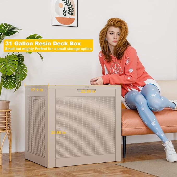 Vixzen 31 Gallon Resin Deck Box, Lockable Outdoor Storage Box for Patio Cushions Storage Furniture,Garden Tools, Pool Supplies, Weatherproof and UV Resistant- Grey
