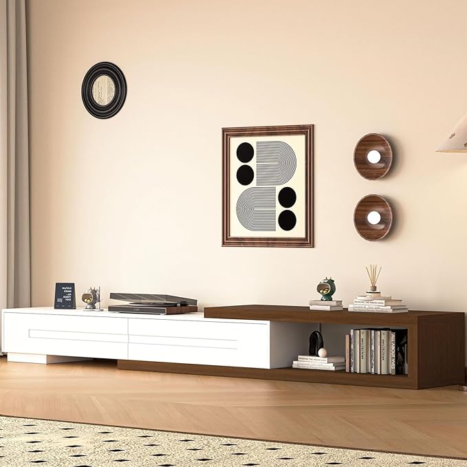 82-115" W Extendable TV Stand for TVs up to 120", Wood Modern Entertainment Center with 2 Large Drawers, Media Console Table for Living Room, White