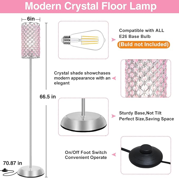 Crystal Floor Lamp for Bedroom, Living Room Pink Floor Lamps Modern Tall Lamp with On/Off Foot Switch Glam Standing Light for Girls Bedroom Minimalism Pole Corner Lamp for Office Dorm Hotel
