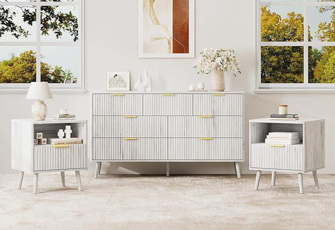 LYNSOM Fluted Dresser and Nightstand Set, 3 Pieces Bedroom Set, 55 Inch Wide 7-Drawer Dresser & 1-Drawer Nightstands Set of 2, Modern Dressers Set for Bedroom, Living Room, White