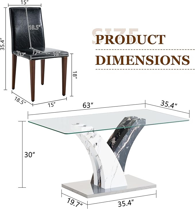 Glass Dining Table Set for 6, 63” Kitchen Table Set for 6, Modern Dining Room Table Set with Upholstered Chairs, Tempered Glass Tabletop with Y Shape Base