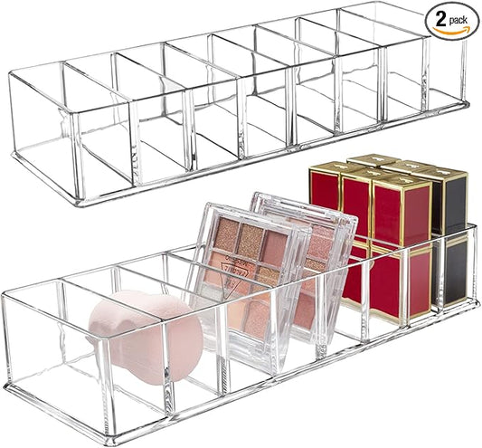 2 Pack Detachable Makeup Organizer, 8 Compartments Acrylic Cosmetic Storage Jewelry Display Boxes, Clear Drawer Organizers Case for Dresser Vanity Bathroom Kitchen