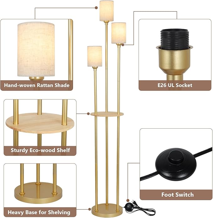 Floor Lamps for Living Room, 3-Lights Modern Floor Lamp with Shelves, Gold Standing Lamp with Fabric Shade and Foot Switch, Shelf Standing Lamps with Table, Tall Table Lamps for Bedroom Office