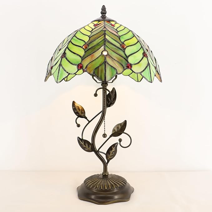 Tiffany Table Lamp, Stained Glass Desk Light, W12H19 Inch, Metal Leaf Base (Brown Green Leaf)