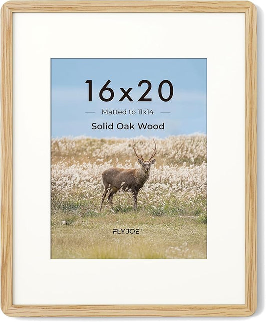 16 x 20 Picture Frame - Solid Oak Wood 16x20 Poster Frame, 16''x20'' Picture Frame With Mat For 11x14, Tempered Glass and Hanging Hardware Included, 20 x 16 Wall Art Wood, Natural Oak