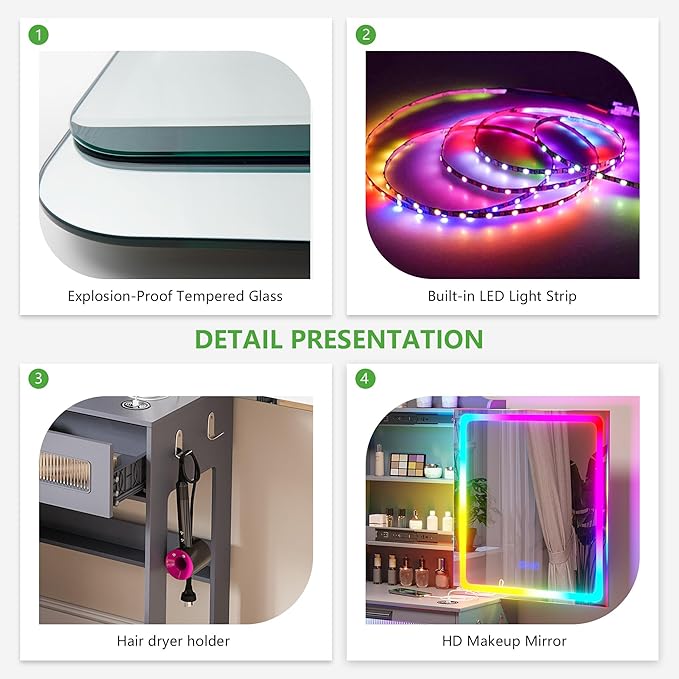 HNEBC Vanity Desk with Sliding Mirror and LED Lights, RGB Vanitys with Charging Station, Makeup Vanitys with Remote Control, White Dresser with Stool/Lager Drawers for Bedroom (Grey)