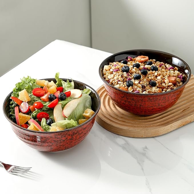 Hasense Ceramic Salad Bowl, 60 Ounces Large Serving Bowls, 8.5 Inch Soup Bowls Set of 2, Pasta Bowls for Ramen, Pho, Fruit, Housewarming, Wedding Gifts, Microwave Dishwasher Safe, Red