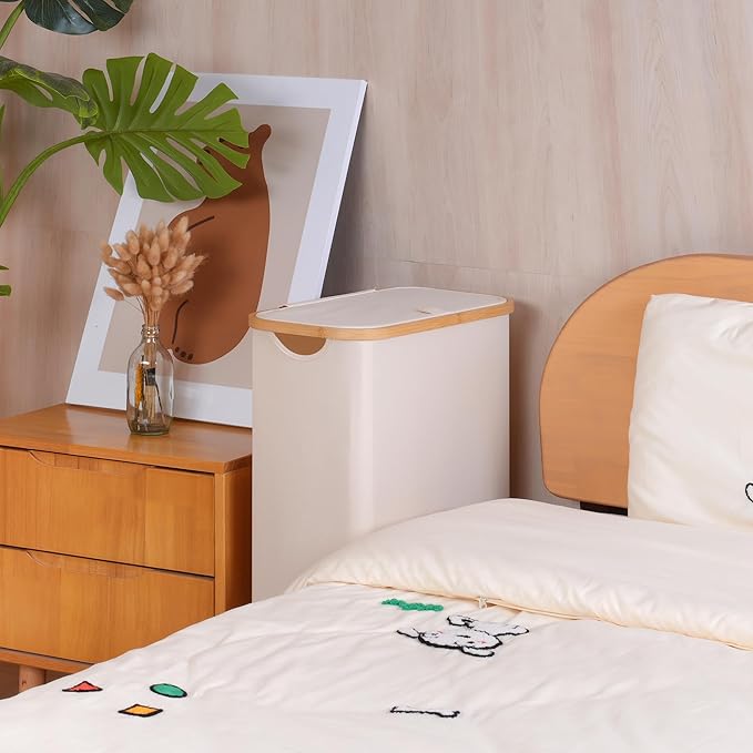 Slim Laundry Basket with Wheels,Narrow Hampers for Laundry,Freestanding Laundry Hamper with Lid&Bamboo Handles,Collapsible & Waterproof Tall Cloth Hamper for Dorm Family(60L Beige)