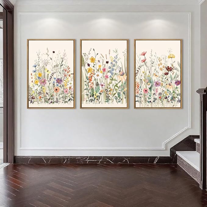 Wildflower Wall Art Large Floral Wall Painting Neutral Print Pictures Decor for Living Room Bedroom Bathroom 3 Panel 36x24 Inches