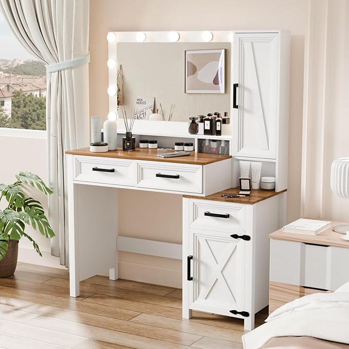 Farmhouse Makeup Vanity, Vanity Desk with Square Mirror, Tricolor Lighting Adjustment & Built-in Charging Station, Multi-Functional Wood Vanity with 2 Drawers & Open Storage Space, White