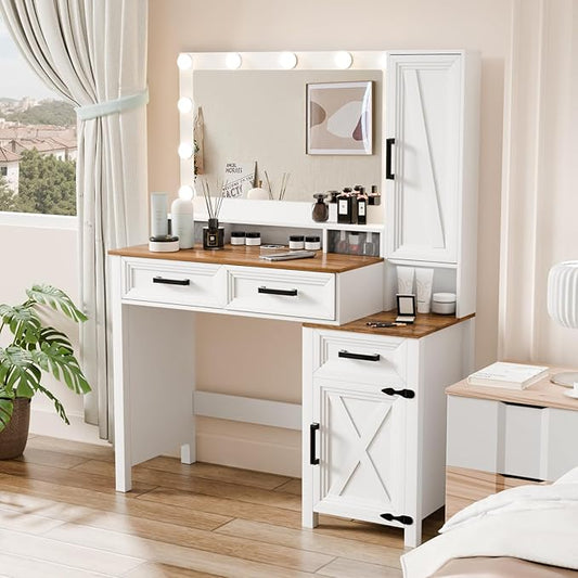 Farmhouse Makeup Vanity, Vanity Desk with Square Mirror, Tricolor Lighting Adjustment & Built-in Charging Station, Multi-Functional Wood Vanity with 2 Drawers & Open Storage Space, White