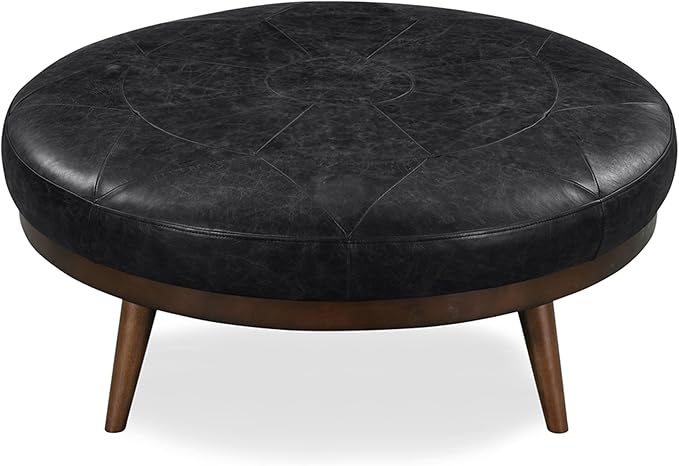 Poly & Bark Gio Ottoman – 30” Round with Feather-Down Topper – Full-Grain Leather Upholstery – Couch Ottoman for Living Room – Italian Leather in Onyx Black