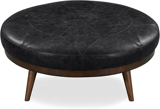 Poly & Bark Gio Ottoman – 30” Round with Feather-Down Topper – Full-Grain Leather Upholstery – Couch Ottoman for Living Room – Italian Leather in Onyx Black