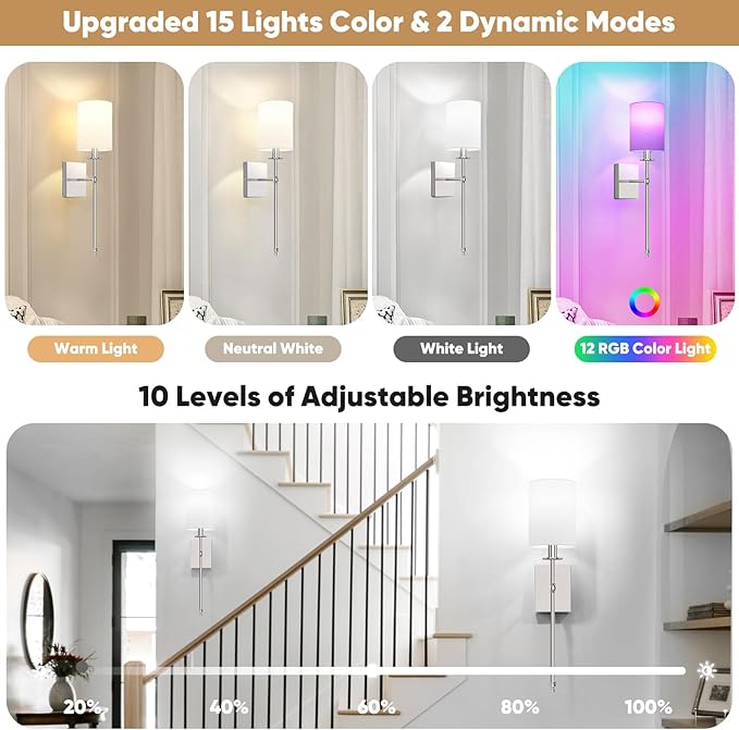 24.8 Inch Battery Operated Wall Sconces Set of 2 with Remote, Brushed Nickel Rechargeable Wireless Wall Lights with White Fabric Shade, Cordless Wall Lamps with Dimmable Detachable Bulbs for Bedroom