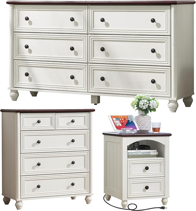 Farmhouse Dressers & Night Stand Set of 3, Wood 54" Wide 6 Drawer Dresser & 35.5"Tall Chest of Drawers, 18" with Charging Station Nightstand, Bedroom Furniture Dresser Set for Home Living Room Hallway