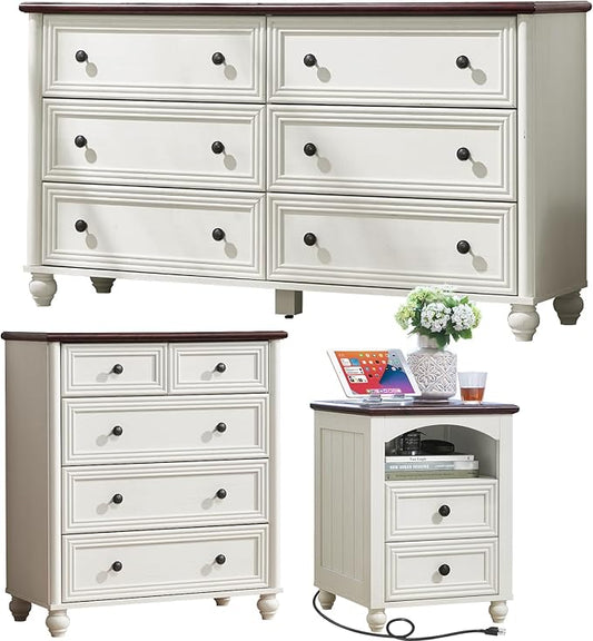 Farmhouse Dressers & Night Stand Set of 3, Wood 54" Wide 6 Drawer Dresser & 35.5"Tall Chest of Drawers, 18" with Charging Station Nightstand, Bedroom Furniture Dresser Set for Home Living Room Hallway