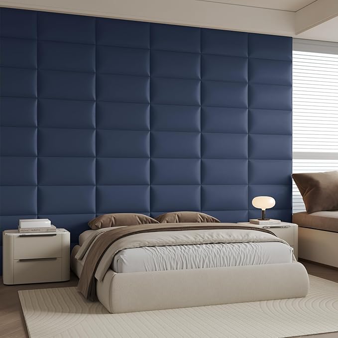 Blue Faux Leather Wall-Mounted Panels, 9-Pack, 24x12 Inches, DIY Soundproof Padding for Bedrooms, Impact-Resistant and Noise-Free Decorative Wall Panels, Easy Installation for Modern Home Décor