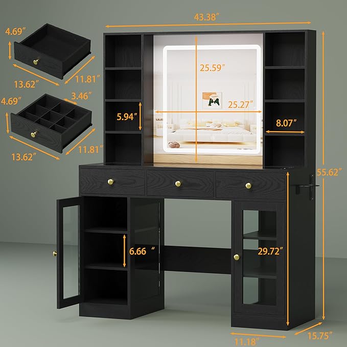 Vanity Desk with Mirror and Lights, Black Makeup Vanity with Glass Top & Drawers, 3 Lighting Modes, Power Outlet, RGB Glass Cabinets, Modern Dressing Table for Bedroom, Girls, Women, Teens