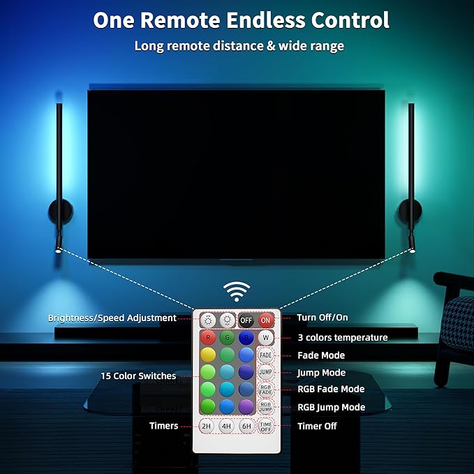 Battery Operated Wall Sconce Set of 2 with Reading Spotlights, RGB Rechargeable LED Wall Lights with Remote, Black Wireless Indoor Modern Decor Lighting for Living Room Bedroom Bathroom