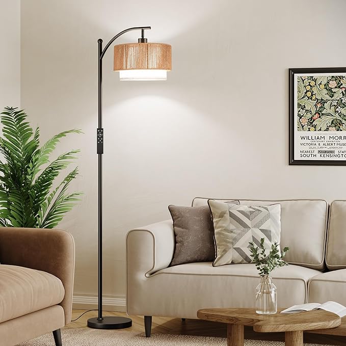SUNMORY Floor Lamps for Living Room with 12W Remote and Dimmable Bulb, LED Arc Lamp, Farmhouse Floor Lamps with Adjustable Rattan & Fabric Shades, Boho Standing Lamp for Bedroom, Corner, Home Decor