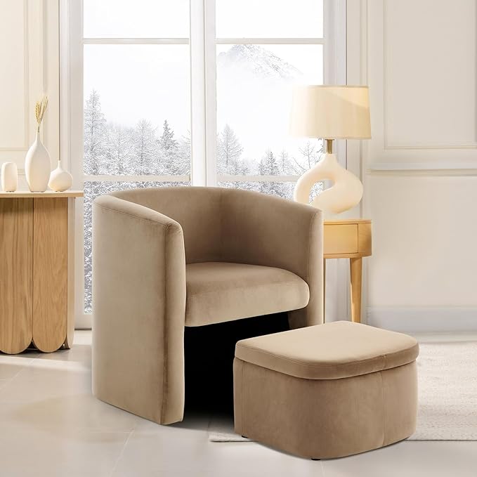 COLAMY Upholstered Velvet Barrel Accent Chair with Storage Ottoman, Morden Living Room Chair with Lounge Seat for Bedroom/Reading Spaces, Khaki