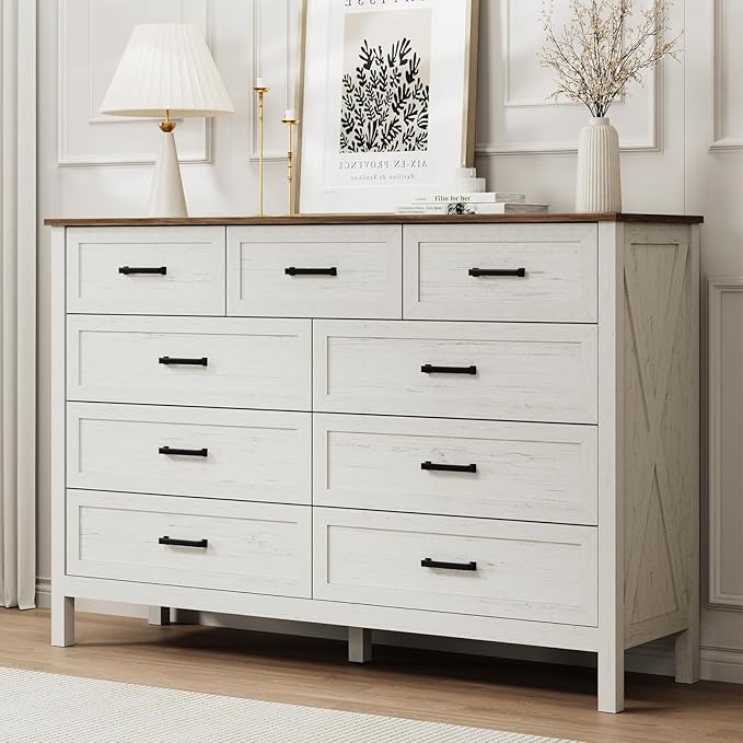 LYNSOM Farmhouse 9 Drawer Dresser for Bedroom, 55 Inch Wide Wood Rustic Chest of Drawers with X-Marking & Bar Handle, Large Storage Dressers Organizer for Bedroom, Living Room, Antique White