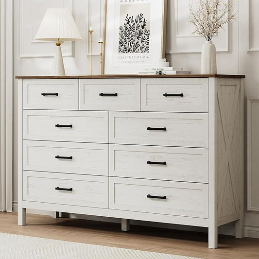 LYNSOM Farmhouse 9 Drawer Dresser for Bedroom, 55 Inch Wide Wood Rustic Chest of Drawers with X-Marking & Bar Handle, Large Storage Dressers Organizer for Bedroom, Living Room, Antique White