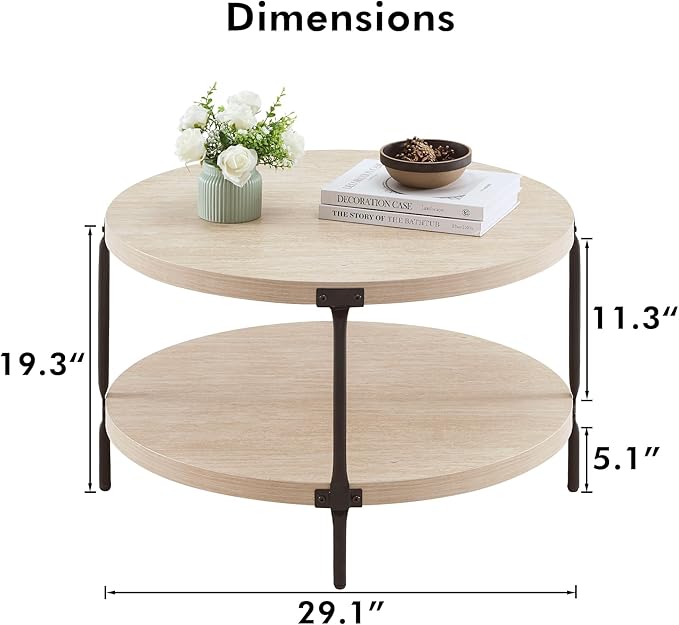 Round Boho Wood Coffee Table - 29.1" Farmhouse Natural Circle Wooden 2-Tier Coffee Tables Living Room Furniture, 29.1" D x 18.3" H, Warm Stone