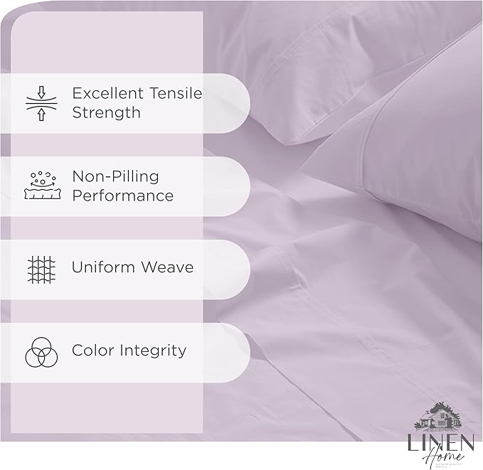 Linen Home 100% Cotton Percale Sheets Queen Size, Iris Lilac, Deep Pocket, 4 Pieces Set - 1 Flat, 1 Deep Pocket Fitted Sheet and 2 Pillowcases, Crisp Cool and Strong Bed Linen