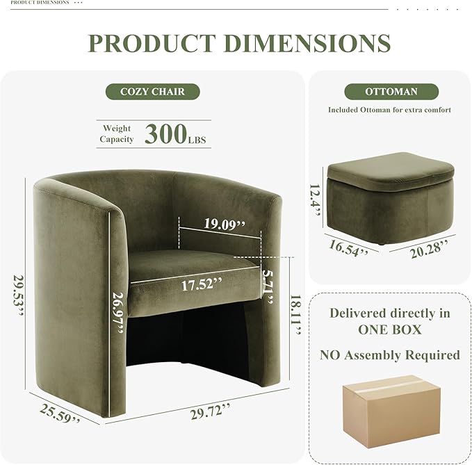 COLAMY Upholstered Velvet Barrel Accent Chair with Storage Ottoman, Morden Living Room Chair with Lounge Seat for Bedroom/Reading Spaces, Green