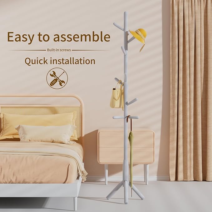 Solid Wood Coat Rack, Freestanding Tree-Shaped Coat Rack with 11 Hooks, Main Pole 1.6" dia for Clothes, Hat Stand Used in Bedroom/Office/Entryway (3-Leg Base, White)