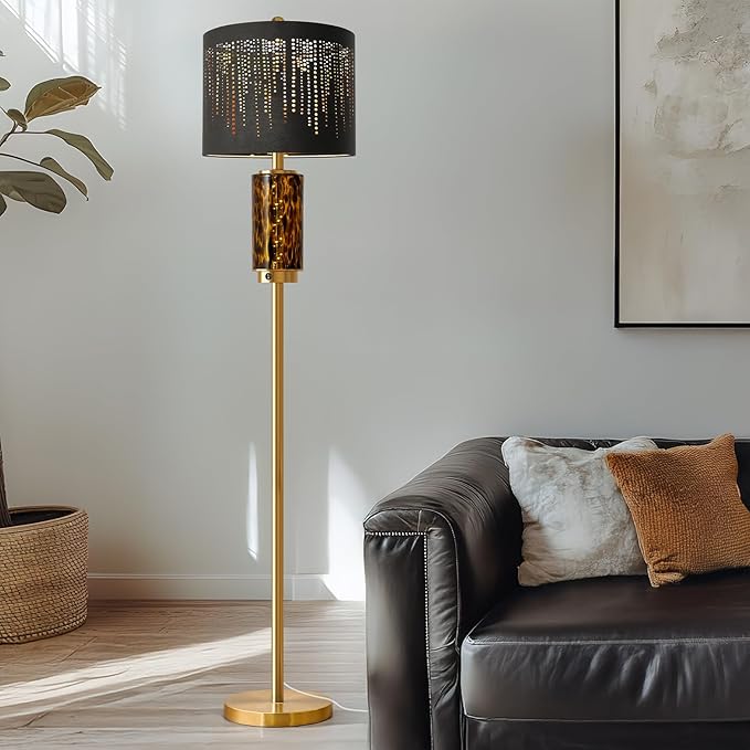 Oneach 63.75" Floor Lamp for Living Room, Modern Gold Lamp with LED Leopard Glass Night Light, Vintage Standing Lamp, Black Lampshade, Unique Luxury Tall Lamp for Bedroom Home Office(Bulb Included)