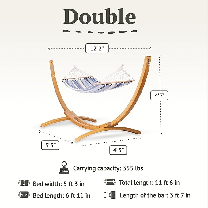 LA Siesta® Alisio Hammock with Spreader Bar & Elipso Stand, Outdoor Hammock with Stand Included Larch Wood Stand - Weatherproof Outdoor Hammock, 2 Person Hammock w/Stand - Max 355 Lbs, Sea Salt