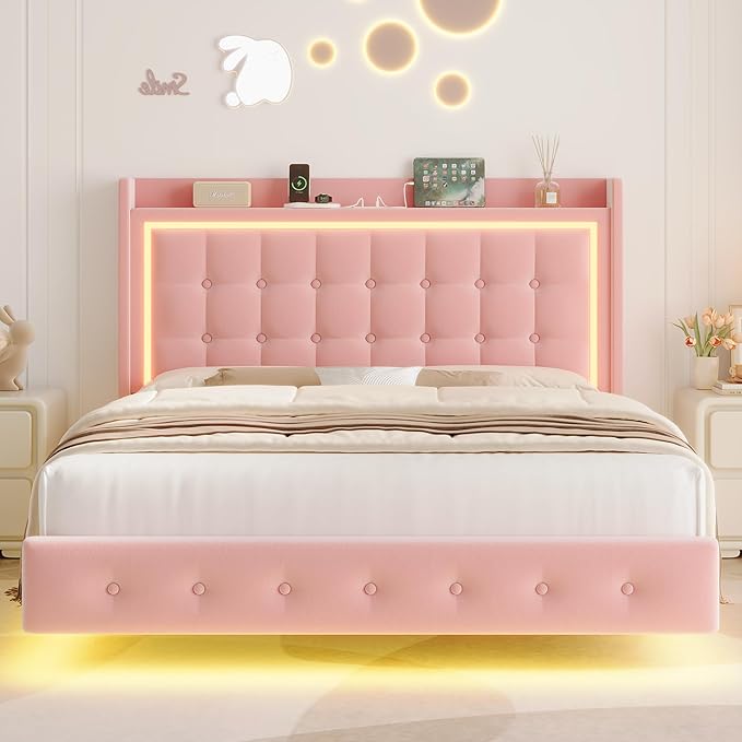 Keyluv Upholstered Full Floating Bed Frame with RGB LED Lights and Charging Station, Velvet Platform Bed with Button Tufted Storage Headboard, Type-C & USB Charging Ports, No Box Spring Needed, Pink