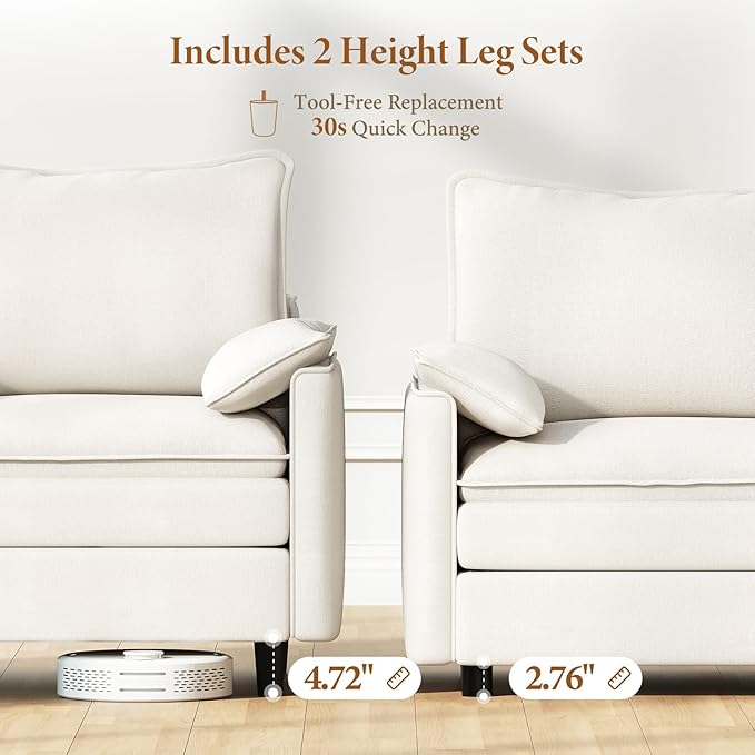 Vesgantti 108" Modular Sectional Sofa, Comfy Cloud Couch with Movable Ottoman Deep Seat Chenille L Shaped Modular Sofa, Sectional Couches for Living Room, Bedroom and Apartment, Snow White