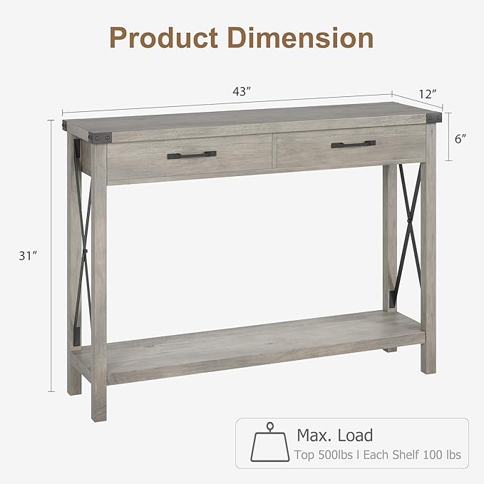 31-inch Storage Cabinet Suitable for hallways, corridors, and Living Rooms Two-Tier Narrow Sofa Table Industrial-Style Hallway Table with Drawers and Open Storage Shelves - Gray
