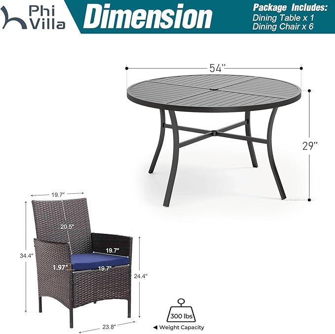 PHI VILLA 7 Pieces Outdoor Round Dining Set for 6, Large Metal Dining Table with Umbrella Hole & Cushioned Wicker Rattan Chairs, Dining Furniture Set for Patio, Deck, Yard, Porch