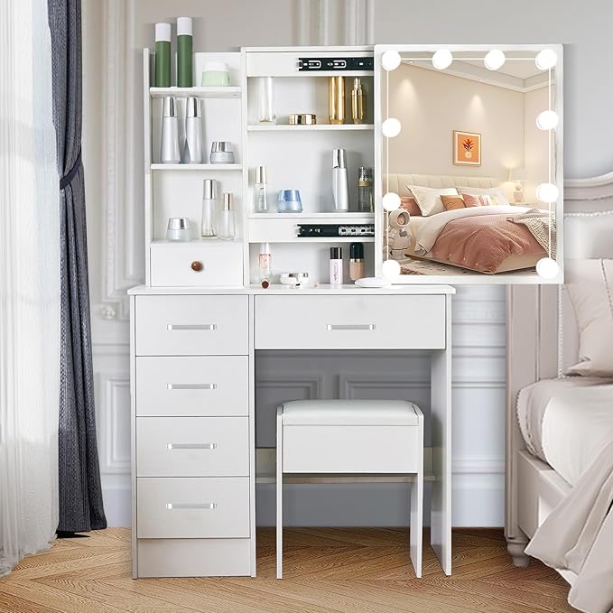 Vanity Desk with Sliding Mirror and Lights, Makeup Vanity Desk with Chiar and Storage, Vanity with Lights for Bedroom, Dressing Table for Teen Girls Women