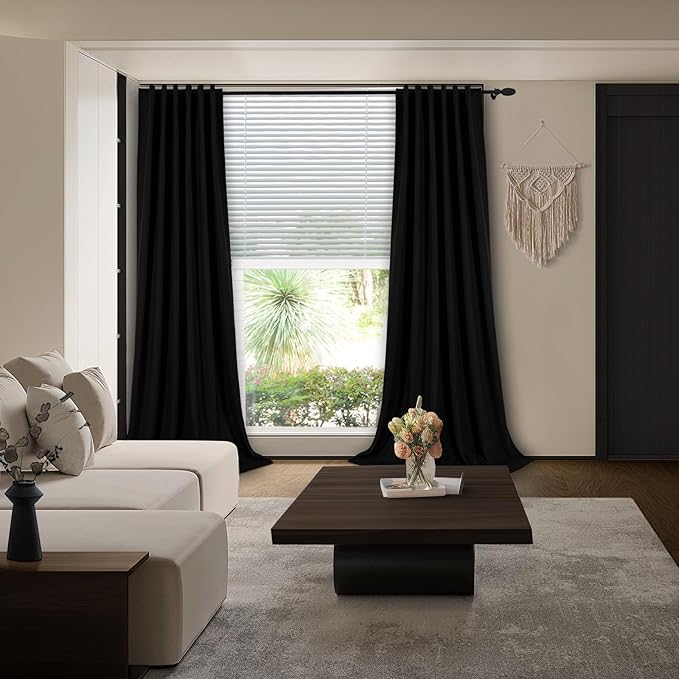 Linen Total Blackout Curtains 96 Inches Long for Living Room, Modern Pleated Back Tab Room Darkening Black Out Insulated Thermal Sliding Glass Door Curtains 2 Panel Sets 8FT Length, Black